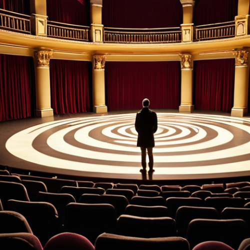 **Prompt:** A brightly lit stage in a grand theater. A single spotlight illuminates a person deep in thought, surrounded by swirling, indistinct figures representing the flood of information competing for their attention. Emphasize the feeling of selective focus and the internal "theater of the mind."