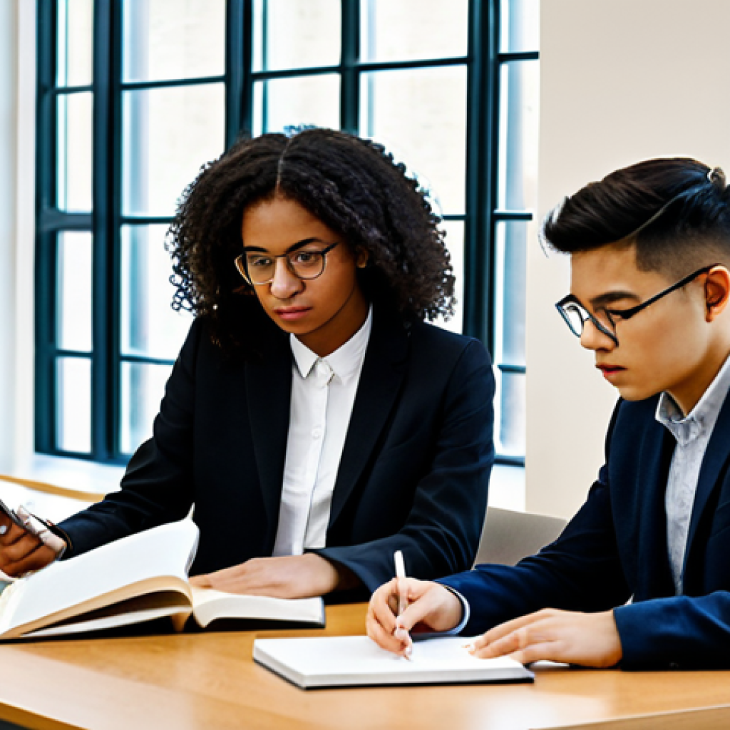A diverse group of young adult university students, fully clothed in modest, professional academic attire, engaged in collaborative study at a modern university library. They are seated at a large wooden table, surrounded by bookshelves and bathed in natural light from large windows. One student is reading a textbook, another is actively working on a laptop displaying analytical charts, and two others are engaged in a focused discussion. The scene evokes an atmosphere of intellectual curiosity and collaborative learning, appropriate content, safe for work, perfect anatomy, correct proportions, natural pose, well-formed hands, proper finger count, natural body proportions, professional photography, high quality.