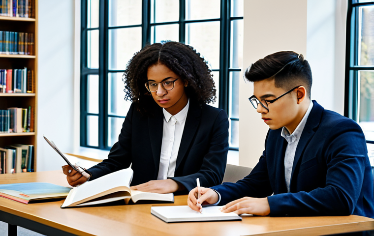 A diverse group of young adult university students, fully clothed in modest, professional academic attire, engaged in collaborative study at a modern university library. They are seated at a large wooden table, surrounded by bookshelves and bathed in natural light from large windows. One student is reading a textbook, another is actively working on a laptop displaying analytical charts, and two others are engaged in a focused discussion. The scene evokes an atmosphere of intellectual curiosity and collaborative learning, appropriate content, safe for work, perfect anatomy, correct proportions, natural pose, well-formed hands, proper finger count, natural body proportions, professional photography, high quality.