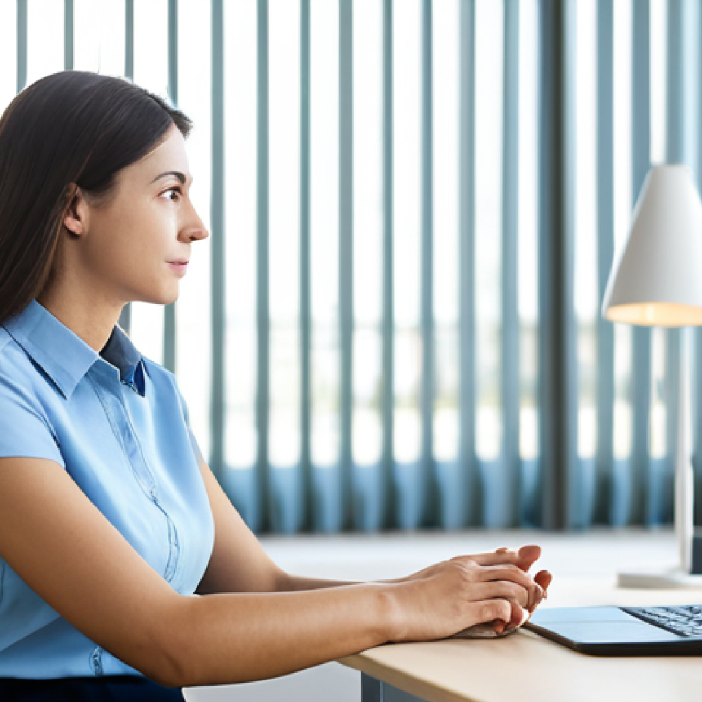 A serene professional woman, fully clothed in a modest, comfortable business casual outfit, seated in a minimalist, light-filled modern office. Her expression is thoughtful and composed, embodying a sense of inner peace and clarity. Her posture is natural, with perfect anatomy and correct proportions. Soft, diffused natural light fills the room, creating a calm and inviting atmosphere. The background is subtly blurred, suggesting a focus on introspection and mental well-being. This image conveys a journey towards psychological understanding and growth. Well-formed hands, proper finger count, natural body proportions, safe for work, appropriate content, professional dress, family-friendly, high quality, realistic photography, sharp focus.