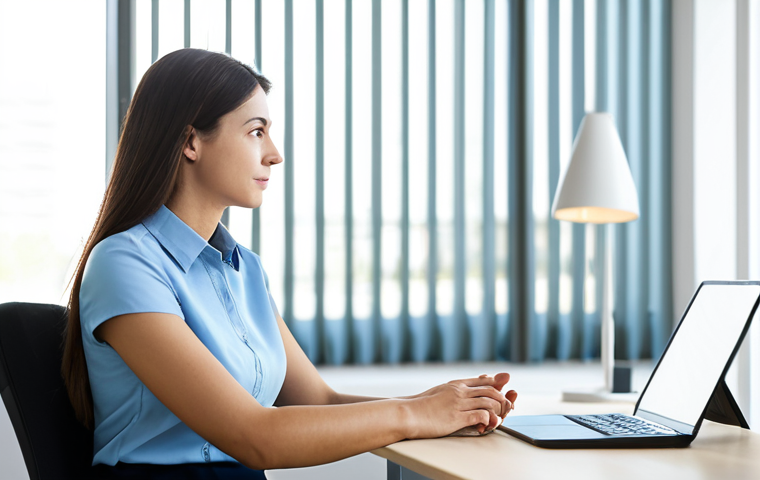 A serene professional woman, fully clothed in a modest, comfortable business casual outfit, seated in a minimalist, light-filled modern office. Her expression is thoughtful and composed, embodying a sense of inner peace and clarity. Her posture is natural, with perfect anatomy and correct proportions. Soft, diffused natural light fills the room, creating a calm and inviting atmosphere. The background is subtly blurred, suggesting a focus on introspection and mental well-being. This image conveys a journey towards psychological understanding and growth. Well-formed hands, proper finger count, natural body proportions, safe for work, appropriate content, professional dress, family-friendly, high quality, realistic photography, sharp focus.
