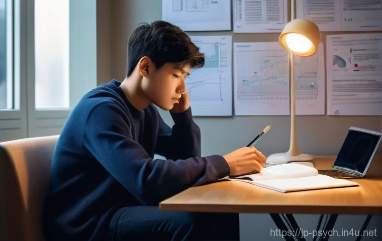 심리학 전공 공부법 - **Prompt:** "A young woman (mid-20s, dressed in a stylish, comfortable, and modest outfit like a swe...