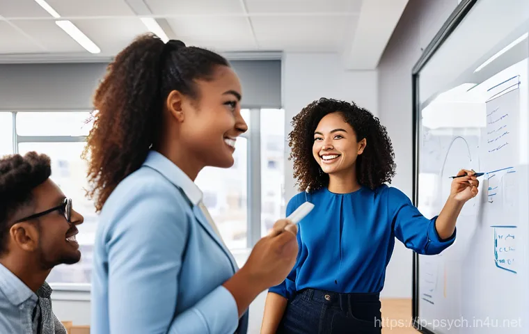 심리학 진로와 직업 - **Prompt:** A diverse group of young, professionally dressed individuals in a modern, brightly lit o...